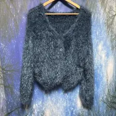 ブルーグリーン　ファー風カーディガン　Vネック