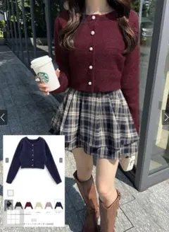 バーガンディ パールボタン クロップドカーディガン　GRL mh30