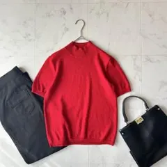 カシミヤ混✨BURBERRY ハイネック 半袖ニット レッド 赤 M 刺繍