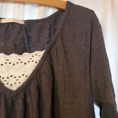 グレー Vネックレースのナチュラルチュニック 7分丈