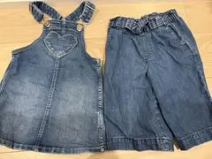 デニムオーバーオールとカジュアルセット