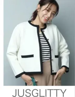 え*り様 JUSGLITTY ノーカラージャケット ホワイト　春服　羽織りのサムネイル