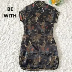 新品✨ Be★With チャイナドレス 龍鳳柄 光沢ジャガード 黒 レディース