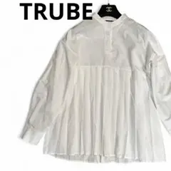【美品TRUBE】ホワイト白プリーツ長袖チュニックブラウスシャツトップス