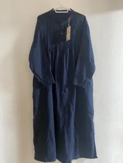 MUJIネイビー プリーツ付き ロングワンピース