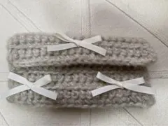 ハンドメイド　小物入れ　ペンケース　編み物　リボン　グレー　ラメ