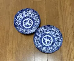 古伊万里 江戸後期 染付 霊芝文 なずな文 小鉢 煎茶椀 完品 2客