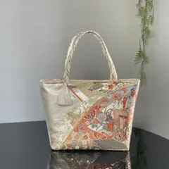 帯リメイクバッグ 純プラチナ箔　御所車と宝尽くし　ミニトートバッグ 和装バッグ