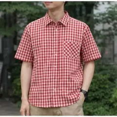 セブンティーフォー　アメリカ製　チェック　半袖　レッド　コットン　シャツ　Lのサムネイル