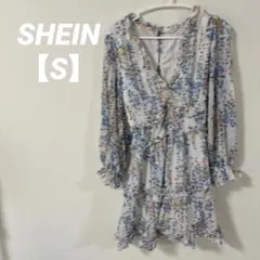 美品✨️【S】SHEIN 花柄フリル付き長袖ワンピース 小花柄 オレンジ 水色カラ