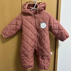 ジャンプスーツ　ベビー服　裏起毛　耳付き　66センチ　レンガ色