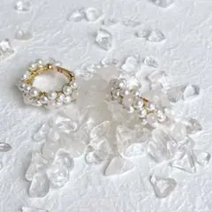 天然石 パール ローズクォーツ フープ  花 大ぶり ハンドメイド イヤリング