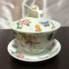 中国茶器 蓋碗 蝶恋花 蝶 花柄 琺瑯彩風 三才蓋碗 中国茶 陶磁器 レトロ