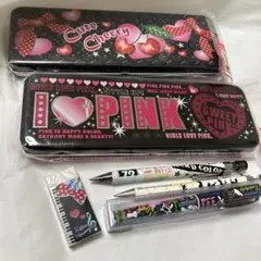 平成　レトロ　ファンシー　黒×ピンク缶ペン　シャーペン　ボールペン　おまとめ売りのサムネイル