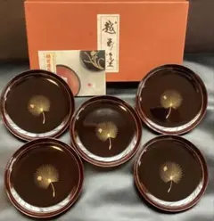 逸品　越前漆器　越前塗　沈金飛花　美しい金蒔絵　溜塗り　銘々皿５枚　未使用①