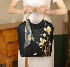 和装用バッグ トートバッグ　着物　お茶席　バンブー　竹製ハンドル 花柄刺繍のサムネイル