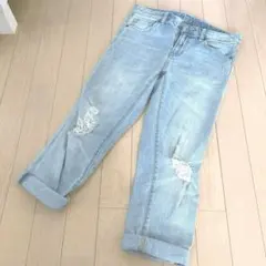 美品　GU ダメージ加工 デニムパンツ ライトブルー　ロールアップ　ロールなし