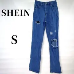 SHEIN シーイン 【S】ダメージデニム ストレートパンツ ジーンズ ブルー