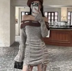 ⭐️Darich⭐️オフショルステッチニットミニワンピース