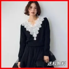 Vレースニットプルオーバー ブラック｜Frene系 大人フェミニン キレイめ