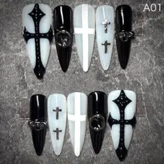 A01 ネイルチップ ゴシック パンク y2k 十字架 クロス 白 黒
