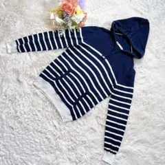 【セブンデイズサンデイ】ニットパーカー（ボーダー）　白　ネイビー　サイズL 綿