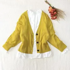 Khalita 透かしリブ編み　カーディガン　イエロー系　【L】着回し