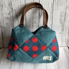 ハンドメイド パッチワーク風 トートバッグ｜グリーン×赤ドット レザーハンドル
