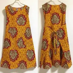 未使用タグ付◆インド綿 アフリカ柄エプロンワンピース 体型カバー　No.50