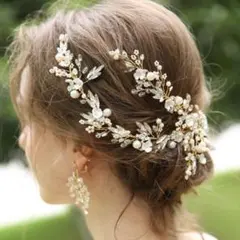 ブライダルアクセサリー 2点セット ヘッドドレス イヤリング 髪飾り ゴールド