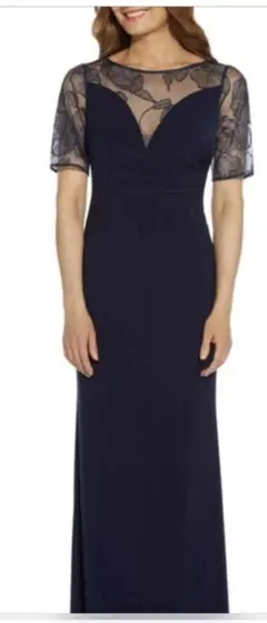 【新品】アドリアナパペル US6 上品なネイビーのロングレースドレス