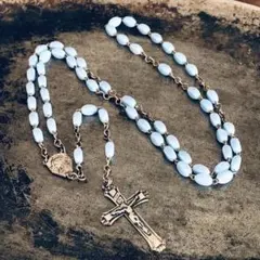 アンティーク ロザリオ　クロス ネックレス 　スカイブルー