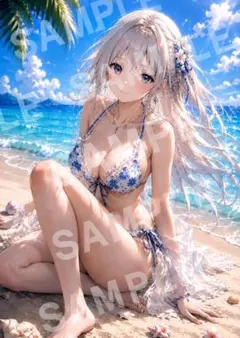 【No.003】AI美少女イラスト A4ポスター 銀髪×水着