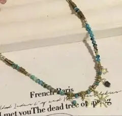 ターコイズビーズネックレス 星月チャーム付き