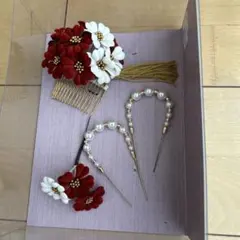 和装髪飾りセット 赤白花　成人式
