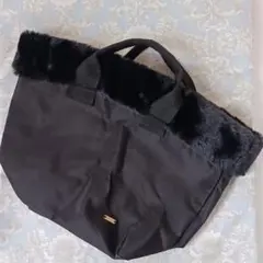 未使用☆ファー付き トートバッグ 持ち手短め ナイロン グレー 秋冬物