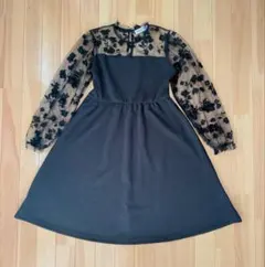 キッズ 長袖ドレス150花柄ワンピース黒ブラック結婚式フォーマル上品ピアノ発表会