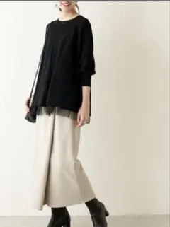 ビアズリー チュチュキャミ ニット ドット チュール 七分袖 ブラック