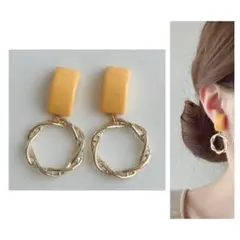 オーバルスクエア　イエロー　ゴールド　ツイストリング　ピアス　イヤリング　黄色