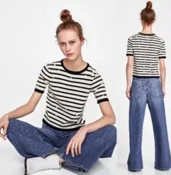 【GW限定価格】ZARA ボーダー柄パール付き半袖ニット