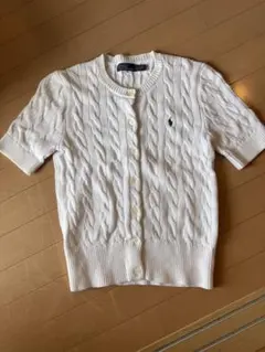 【美品】ラルフローレン 半袖 ニットカーディガン M白 紺ポニー ケーブル編み