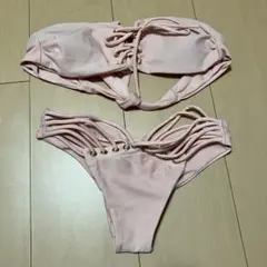 ピンクベージュレースアップ セパレート水着S