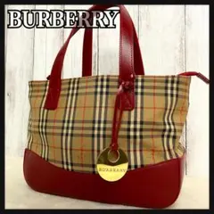 【定番人気】バーバリー ハンドバッグ キャンバス ノバチェック レッド チャーム