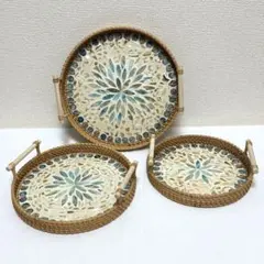 ベトナム直輸入　アジアン雑貨 ラタン×貝殻 インテリアトレー 3枚セット