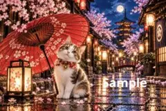 桜と猫のデジタルアート イラスト ポストカード