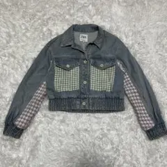 【ZARA】ツイード　切り替え　デニム　ジャケット　ポップ　カジュアル　水色　M