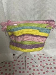 カラフルストライプかぎ編み帽子 猫耳ニット帽