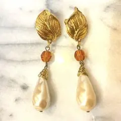 木の葉と揺れるパールの★Vintageイヤリング