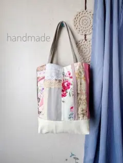 ハンドメイド　パッチワーク　トートバッグ　ピンク花柄