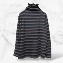 【ドネモア】フリルハイネックカットソー ボーダー(M)総柄 薄手 レディース 上